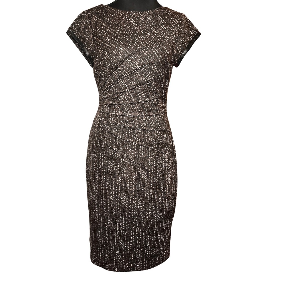 Vtg Cache Black Brown Scatter Cap Sleeve Sheath Dress Size 4 Quiet Luxury CLassy